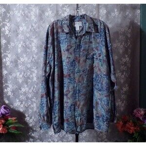 Vintage 90s Silk Button Front Shirt Size Large 1990s Mens Retro Blue Boho Chic